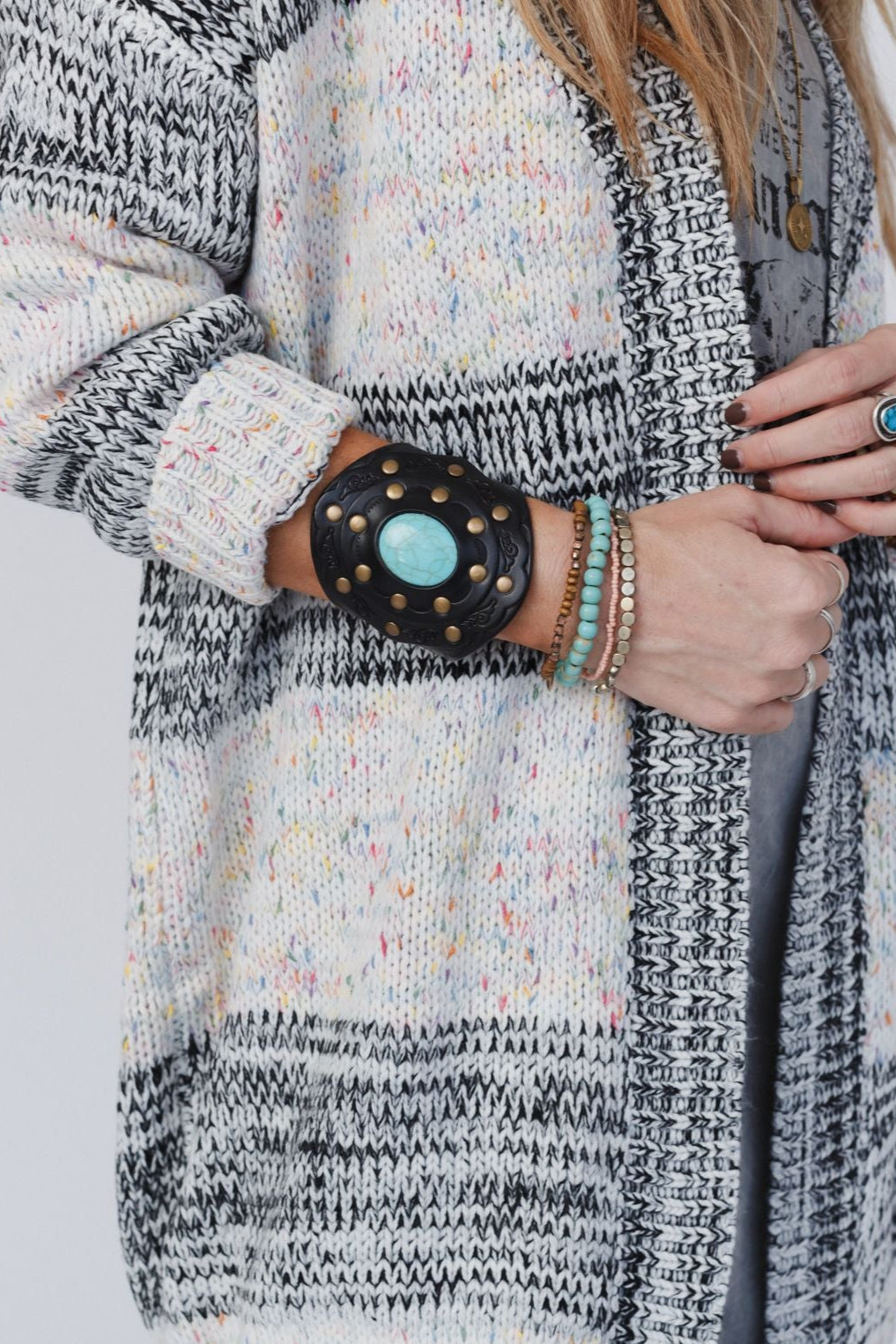 Aegean Boho Leather Cuff Bracelet - Black Turquoise