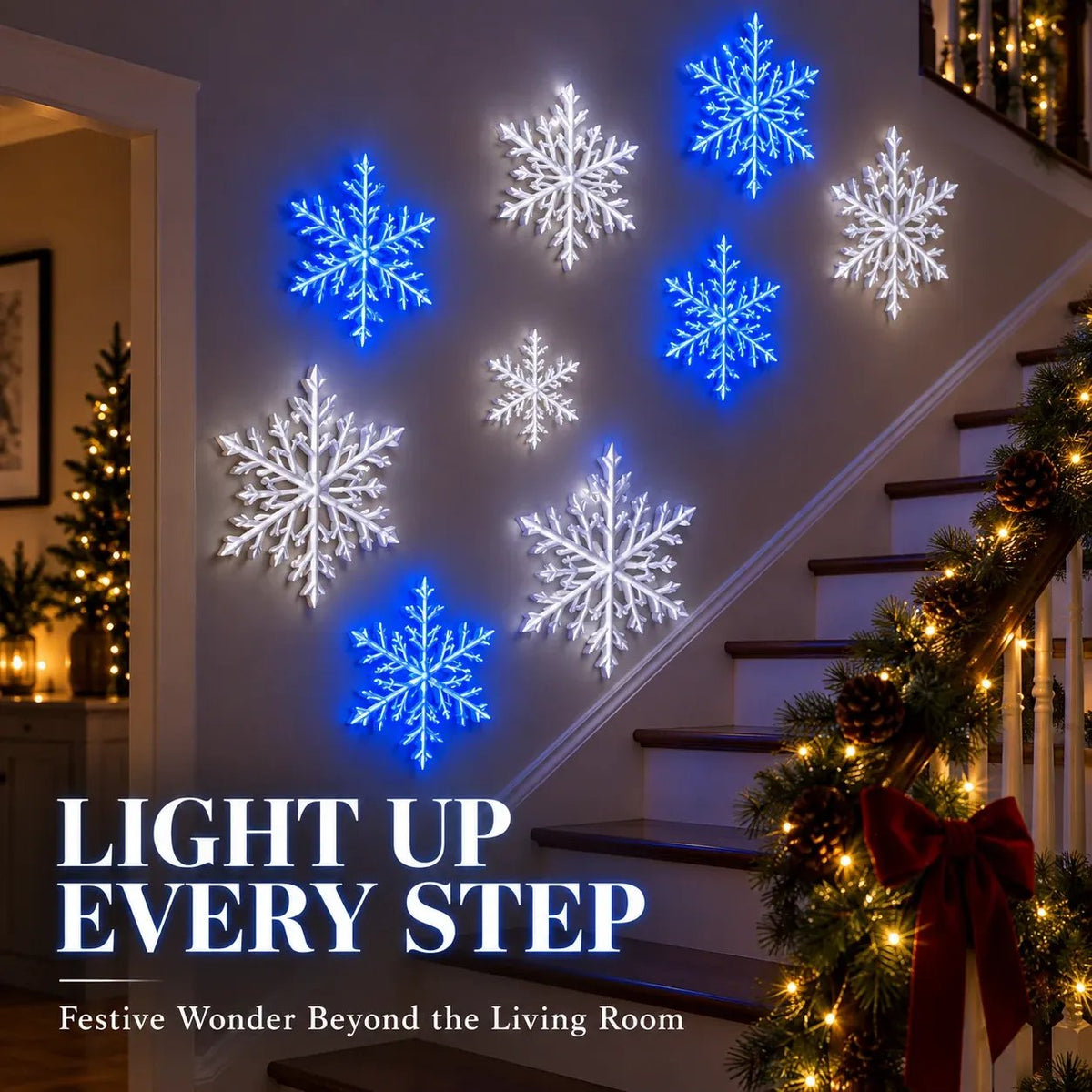 ❄️ LED Snowflake Wall Lights | 🎄3D Christmas Snowflake Decor with blue-white lighting, remote control & magical indoor holiday atmosphere ✨