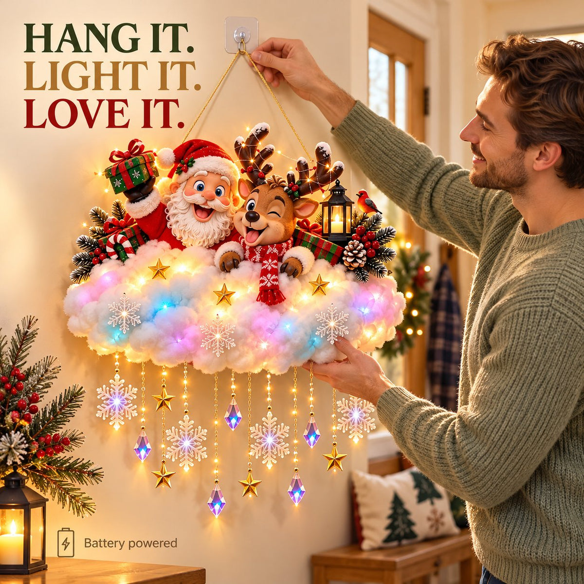 🎁Last Day 49% OFF - ✨🎅 Santa & Reindeer Cloud Christmas Wall Light☁️