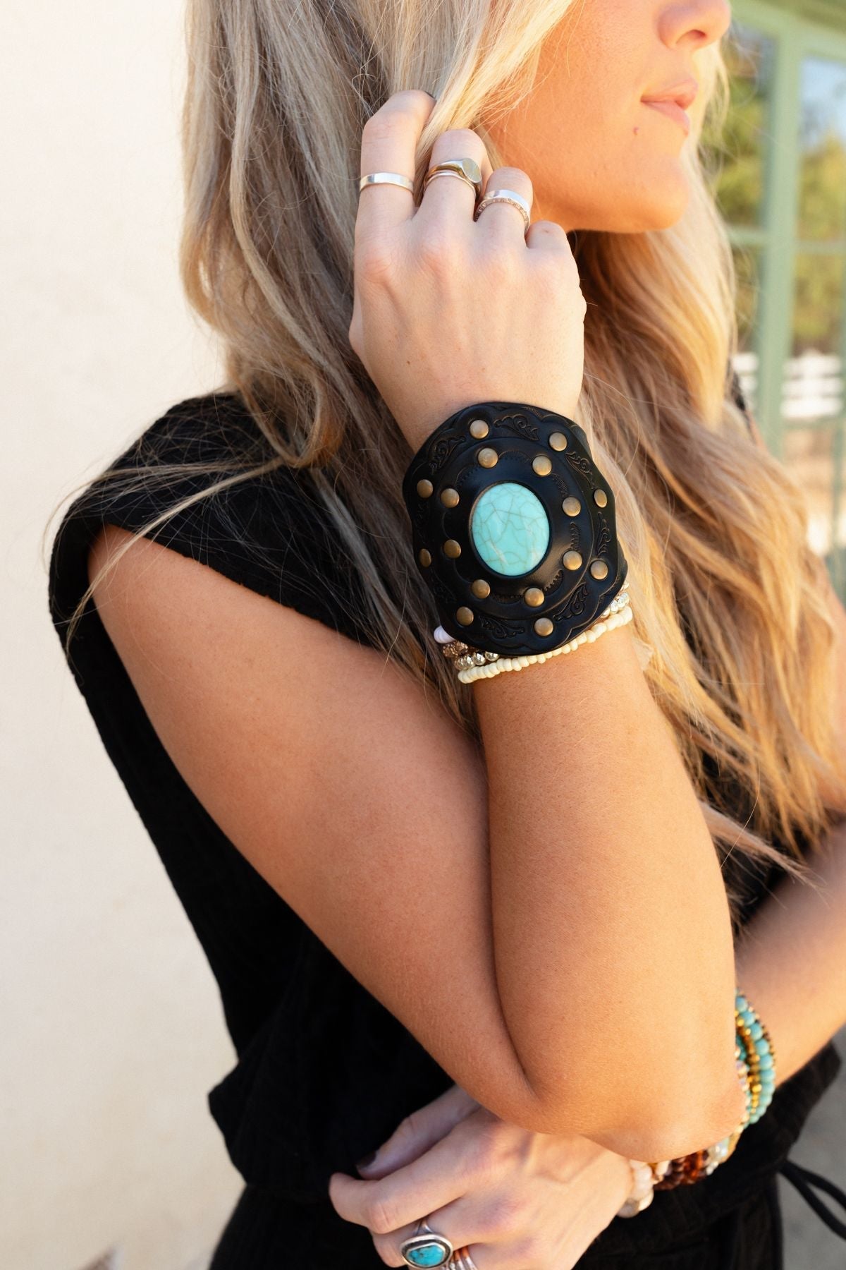 Aegean Boho Leather Cuff Bracelet - Black Turquoise