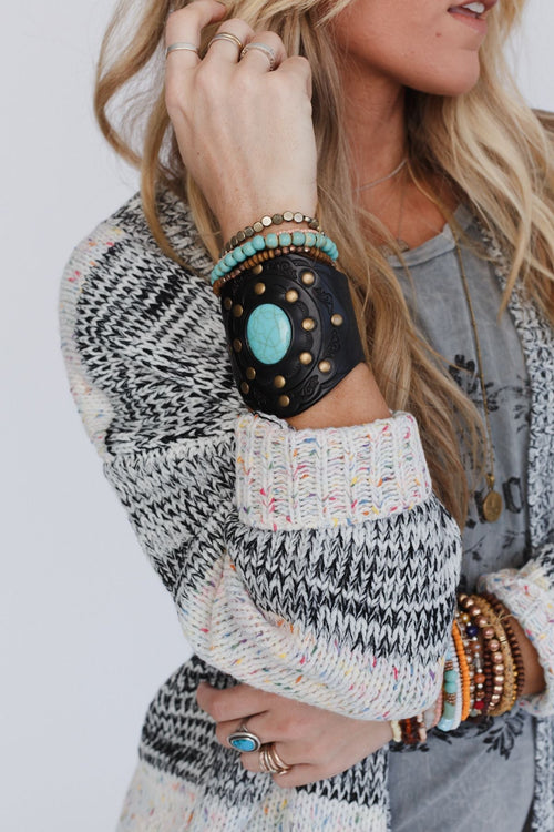 Aegean Boho Leather Cuff Bracelet - Black Turquoise